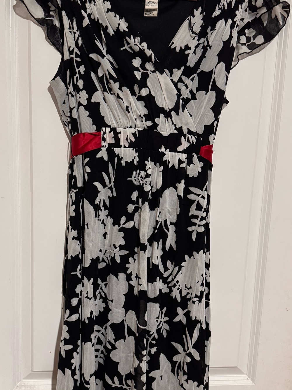 Black & White Floral V-Neck Dress with Red Waist Accent